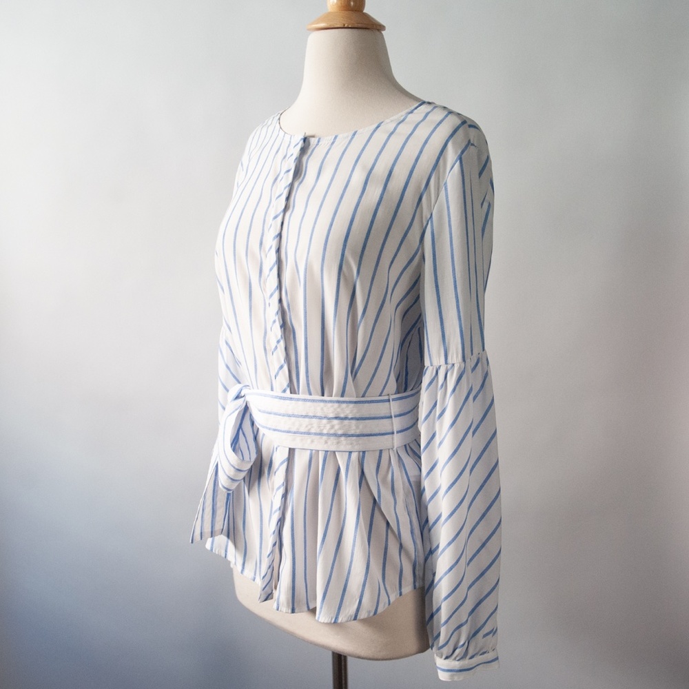 Banana Republic Striped Balloon Sleeve Belted Button Down Shirt